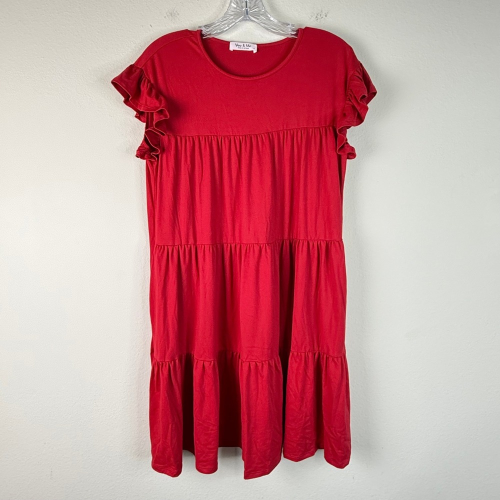 You & Me Dress Womens Small Red Tiered Ruffle Sleeve Babydoll Minimalist